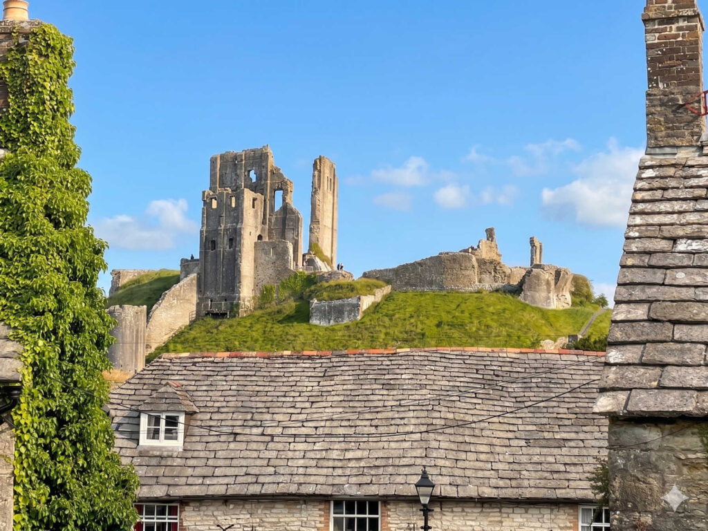 Ruins of Corfe Castle on a sunny day