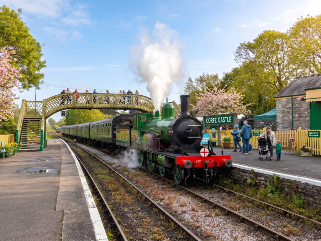 Steam train traveling through the Dorset countryside near Corfe Castle
